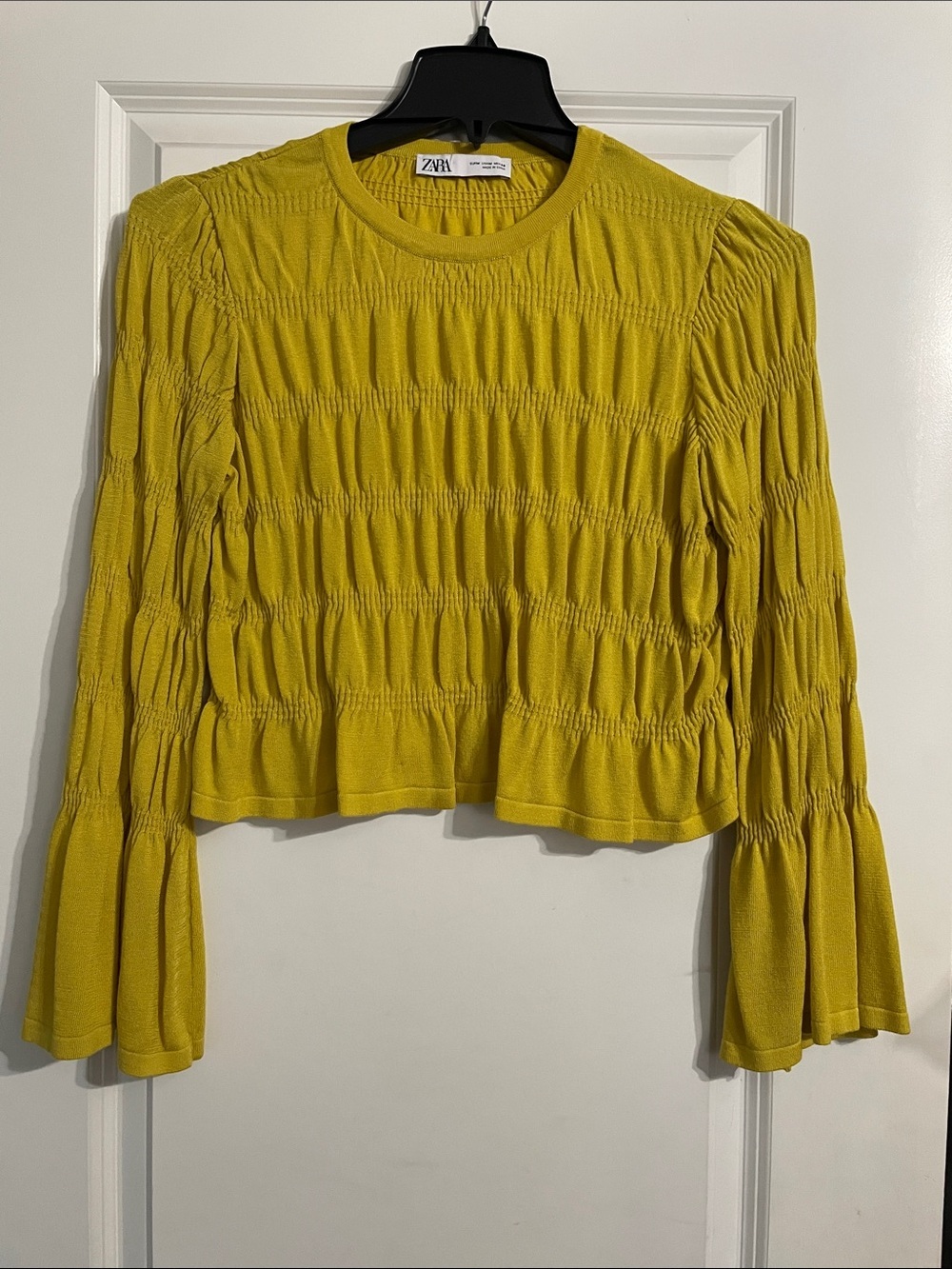 ZARA Smocked Crop Top Yellow Size Medium Boho Stretchy Tiered Bell Sleeves